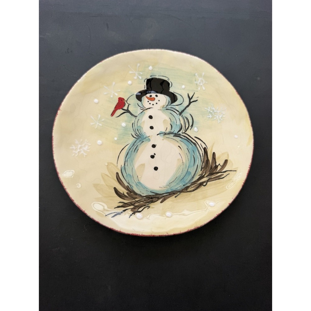 MAXCERA Adorable Snowman Top Hat Cardinal round 8" Cookie Plate Christmas Winter